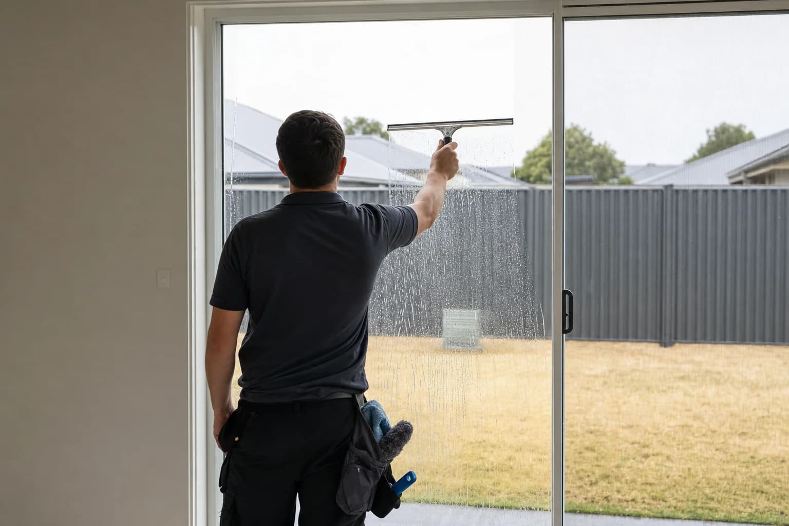 A cleaner working on interior glass, shot from behind