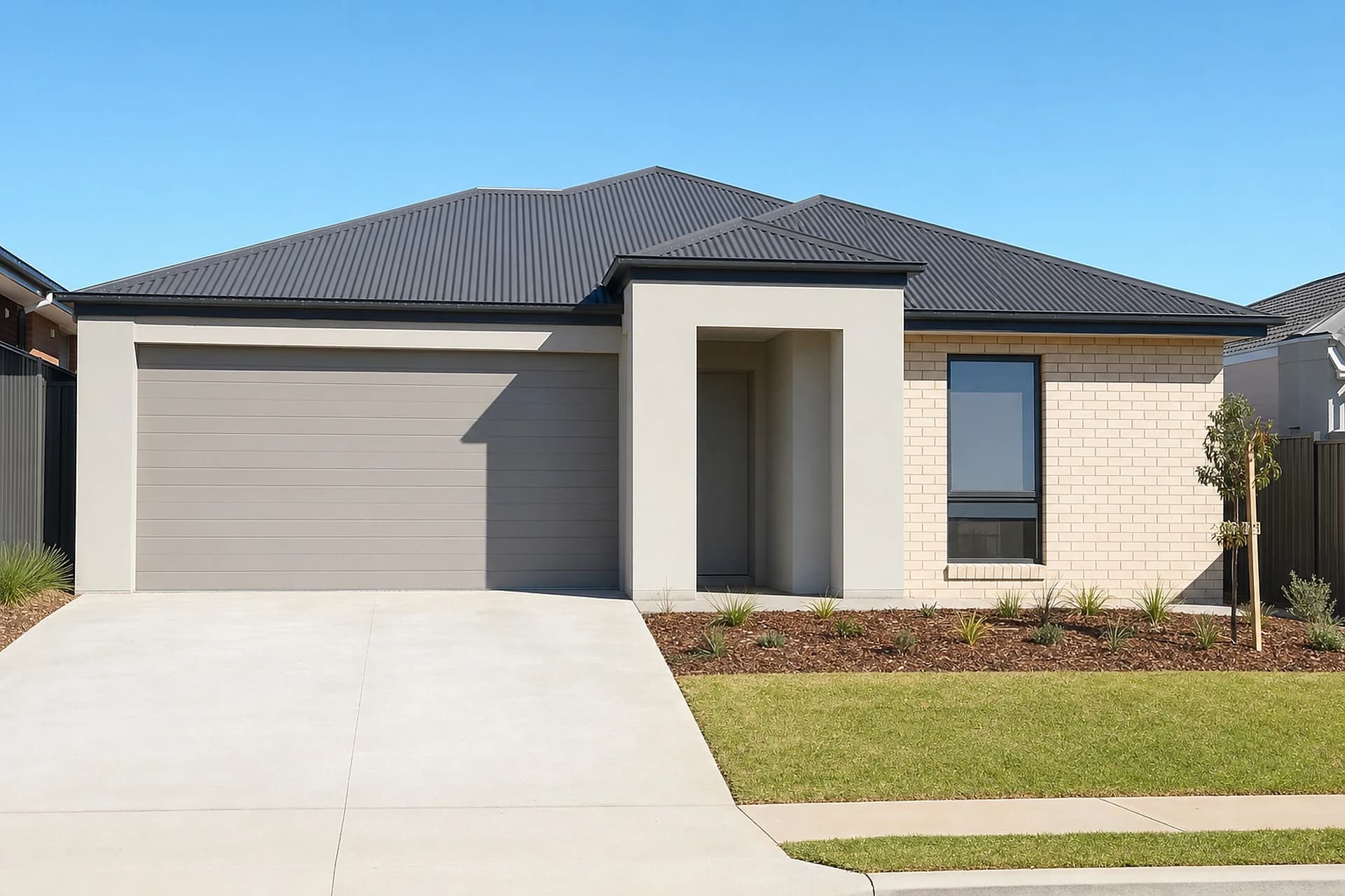 An empty newly built estate home in Baldivis, double garage closed and lawn cut, ready for an end of lease clean