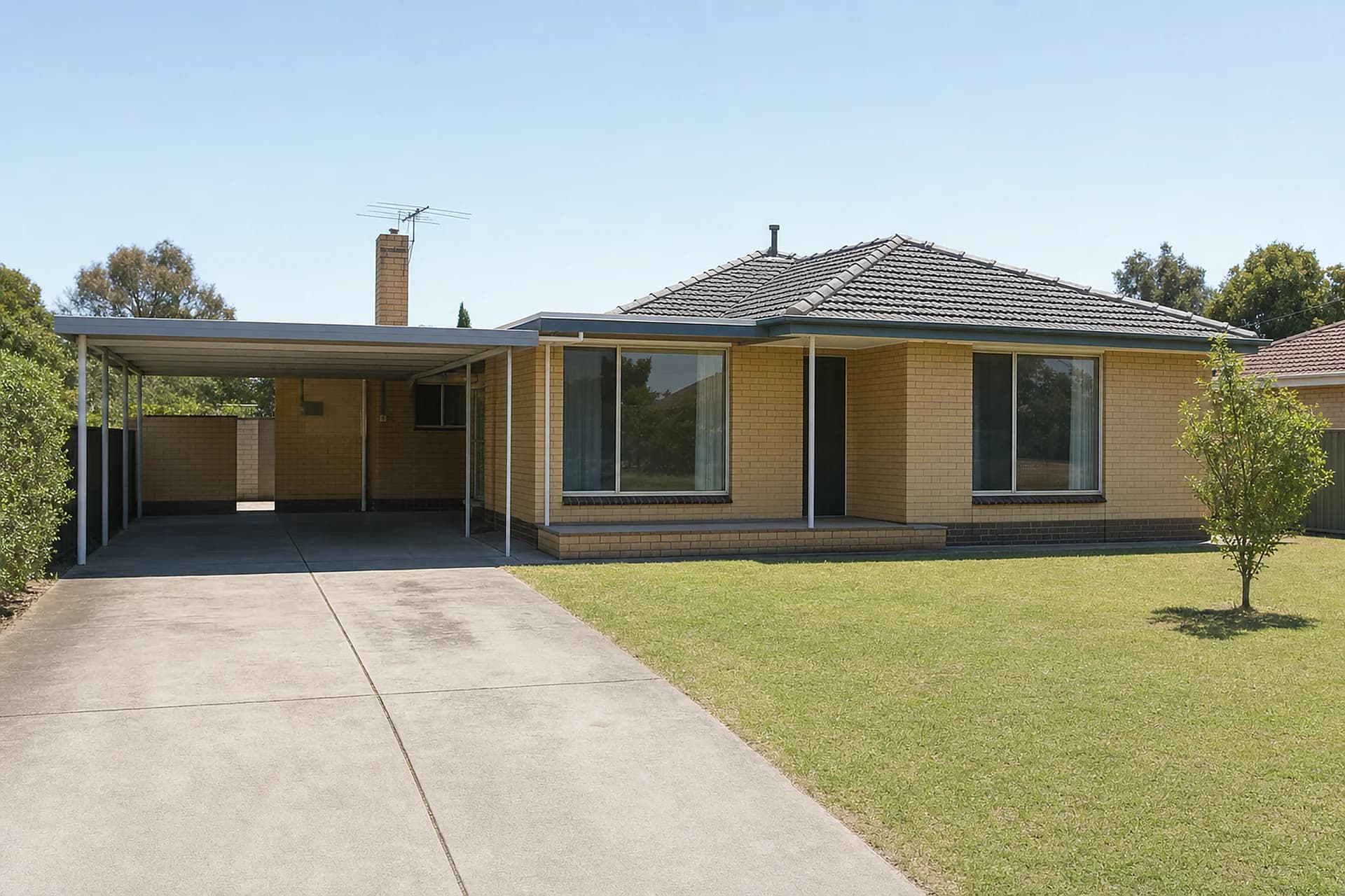 An empty 1960s cream brick house in Belmont with a steel carport, near the airport