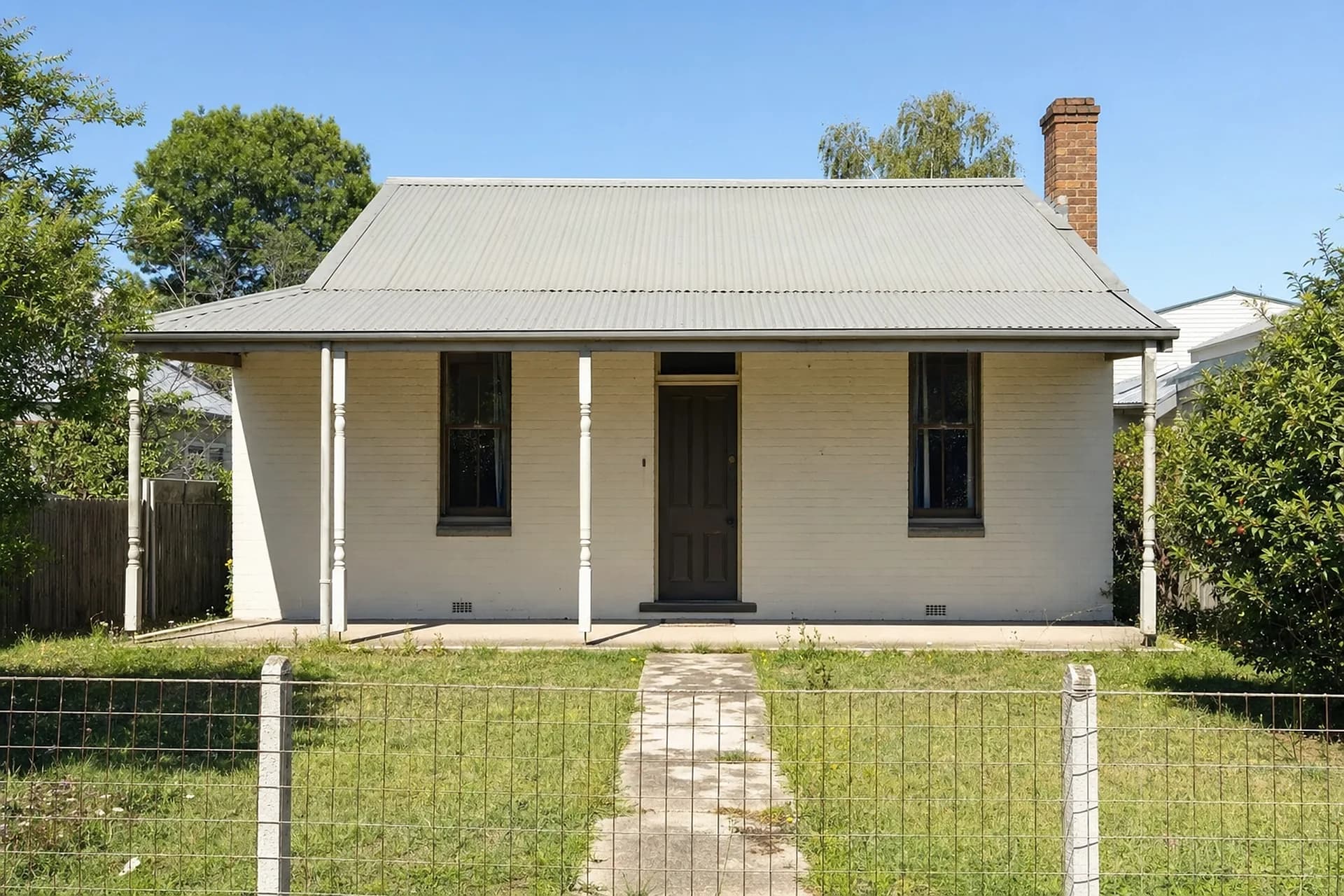 An empty pre-1940 workers cottage in Midland with a skillion verandah, sash windows and a brick chimney