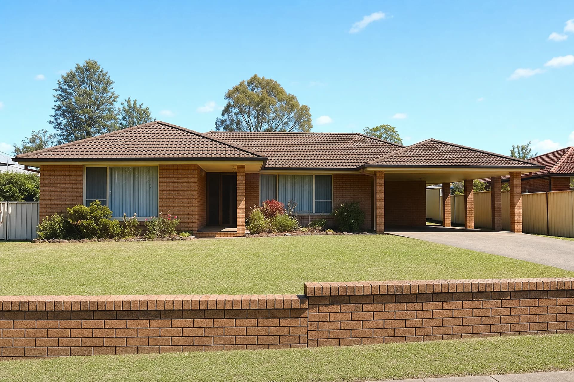 An empty large 1980s family home in Thornlie with a double carport and vertical blinds behind the glass