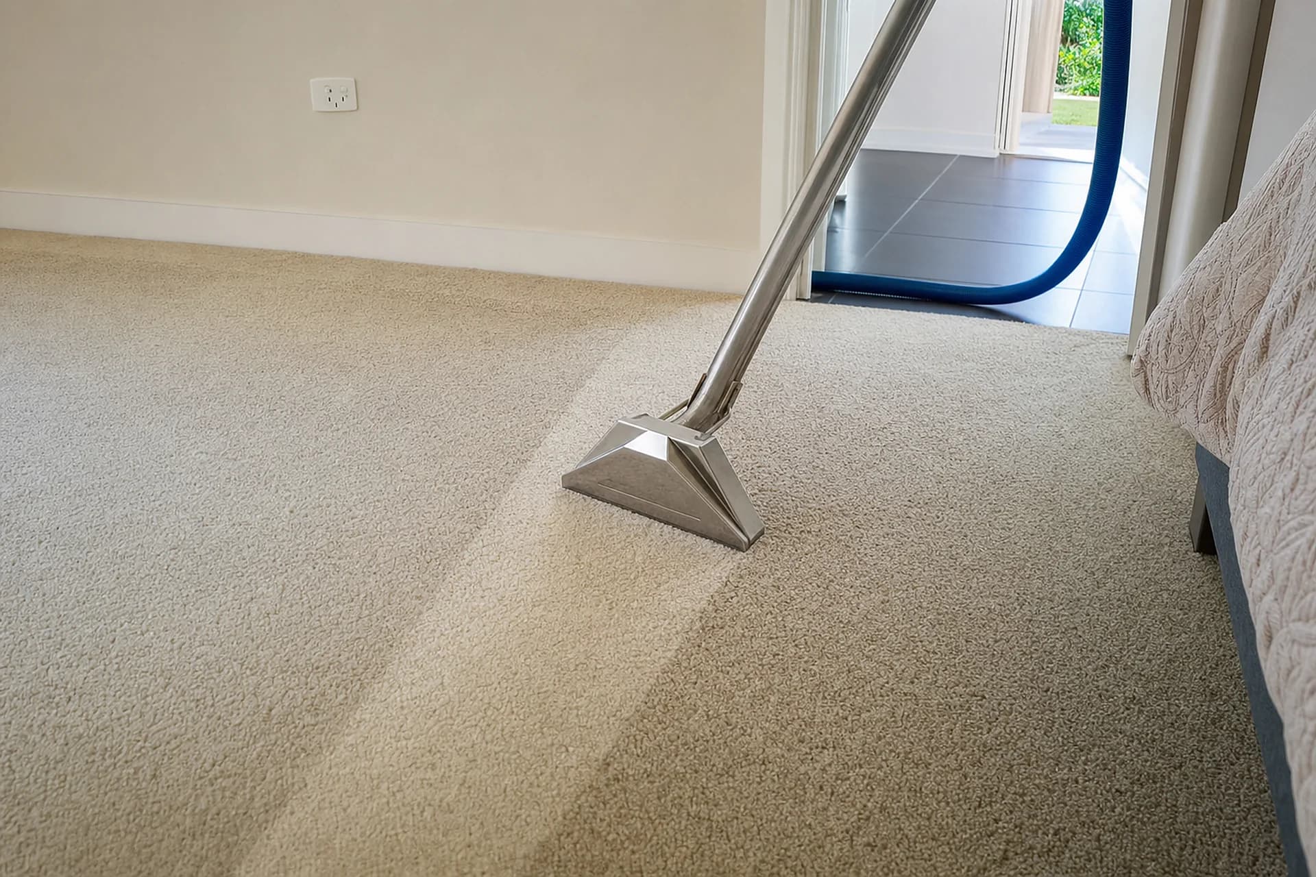 A carpet cleaning wand leaving a clean stripe across a bedroom carpet