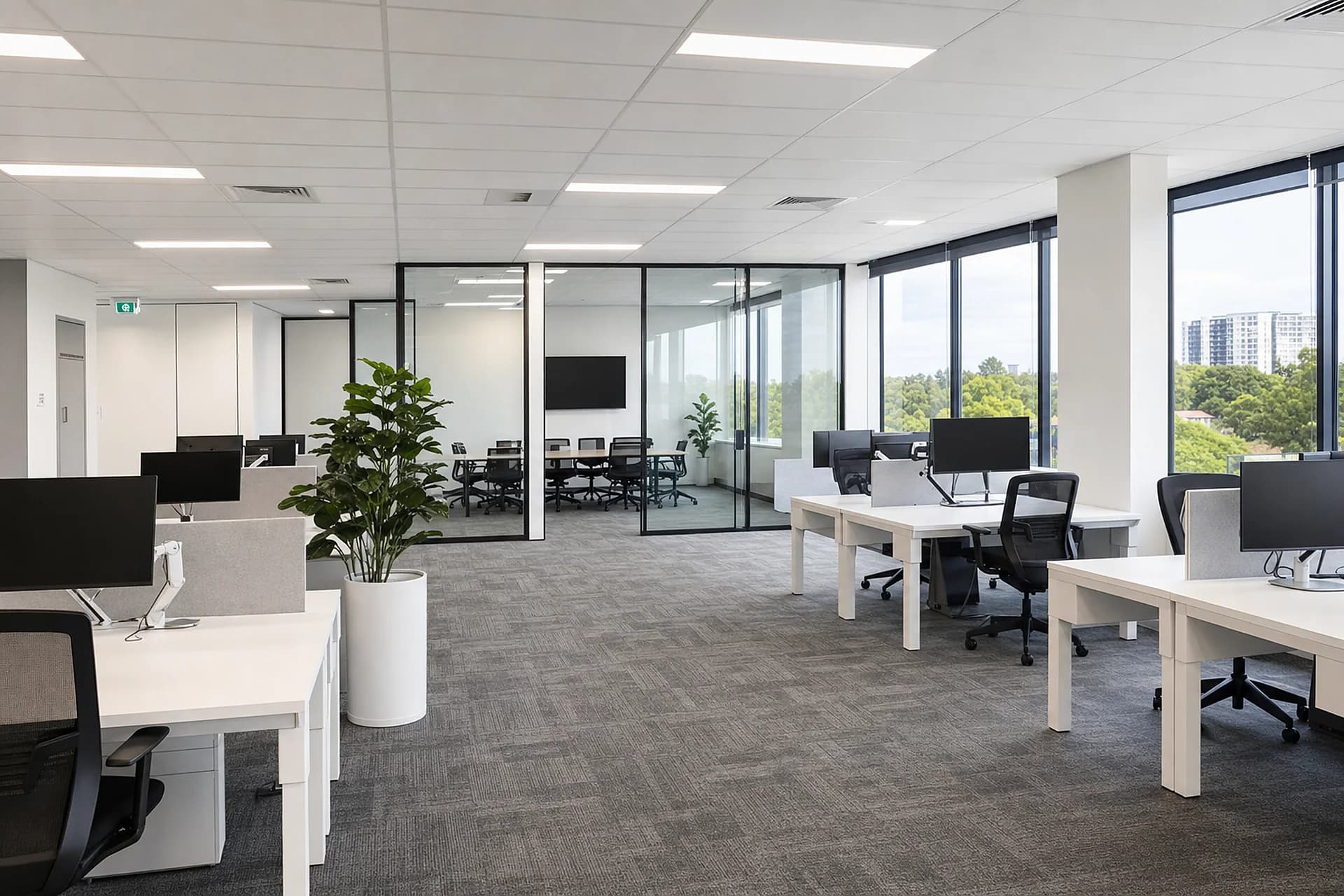 An open plan Perth office with clear desks and a glass meeting room