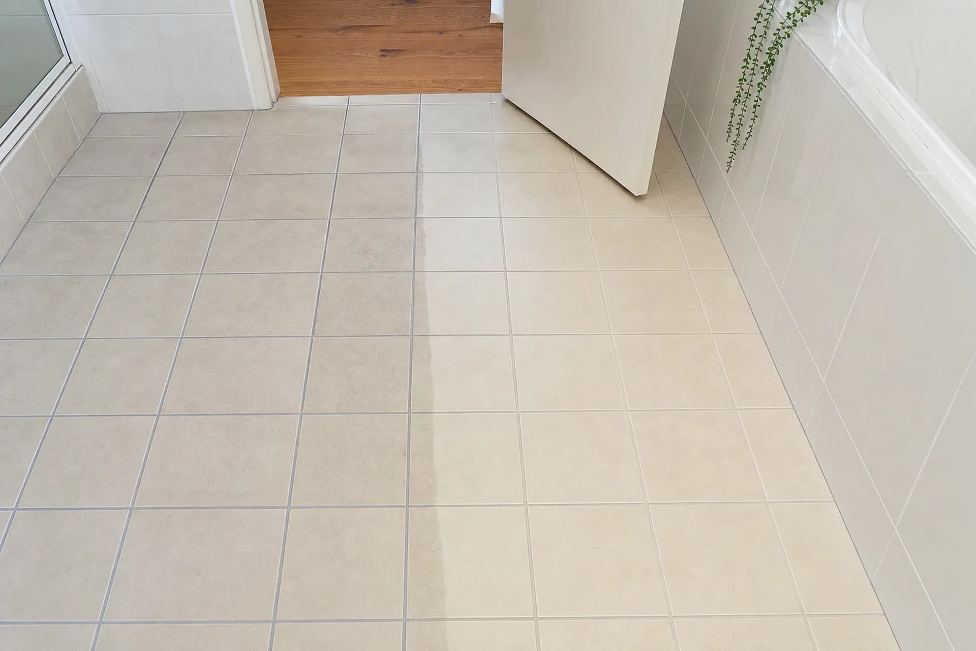 Bathroom floor tiles part way through a grout clean, restored grout beside grey grout