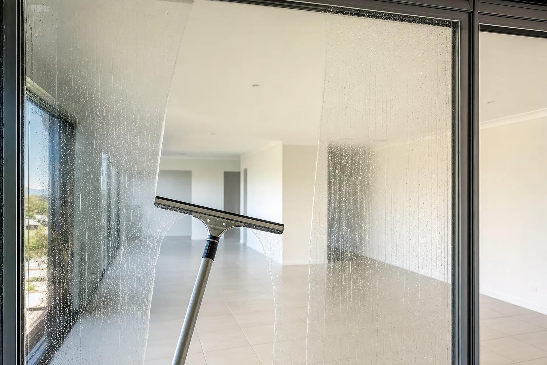 A squeegee drawing a clean stripe down a large sliding glass door