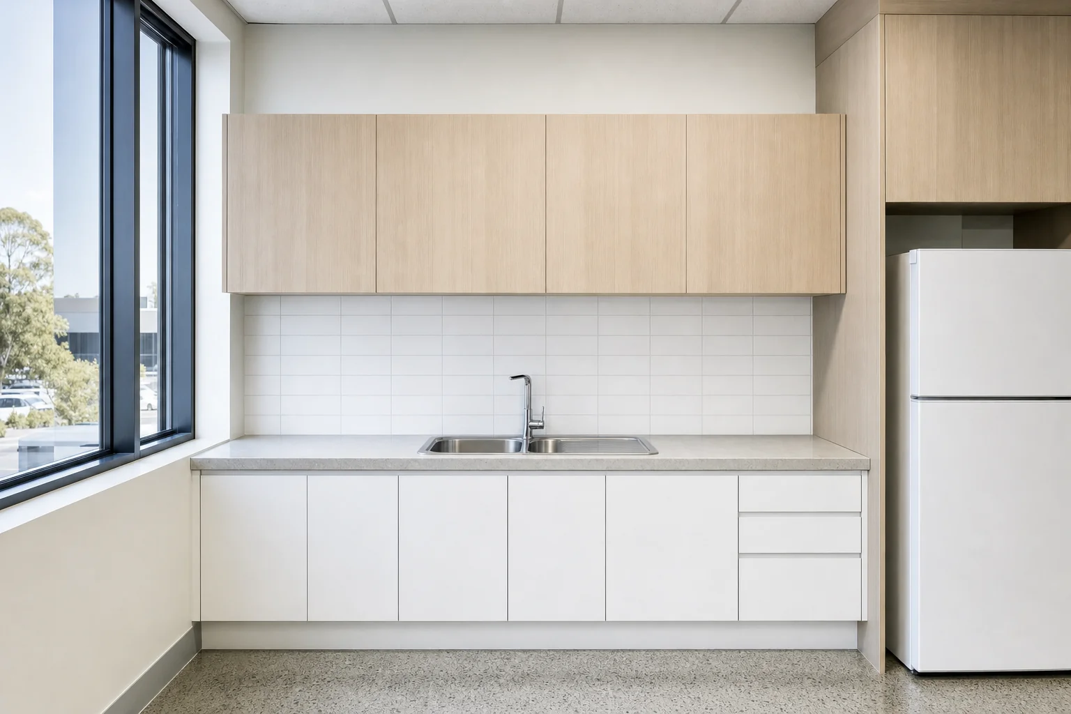 A cleaned office kitchenette with an empty sink and a wiped benchtop