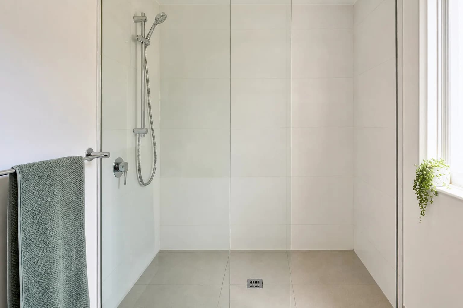 A shower recess with clean tiles and pale grout lines