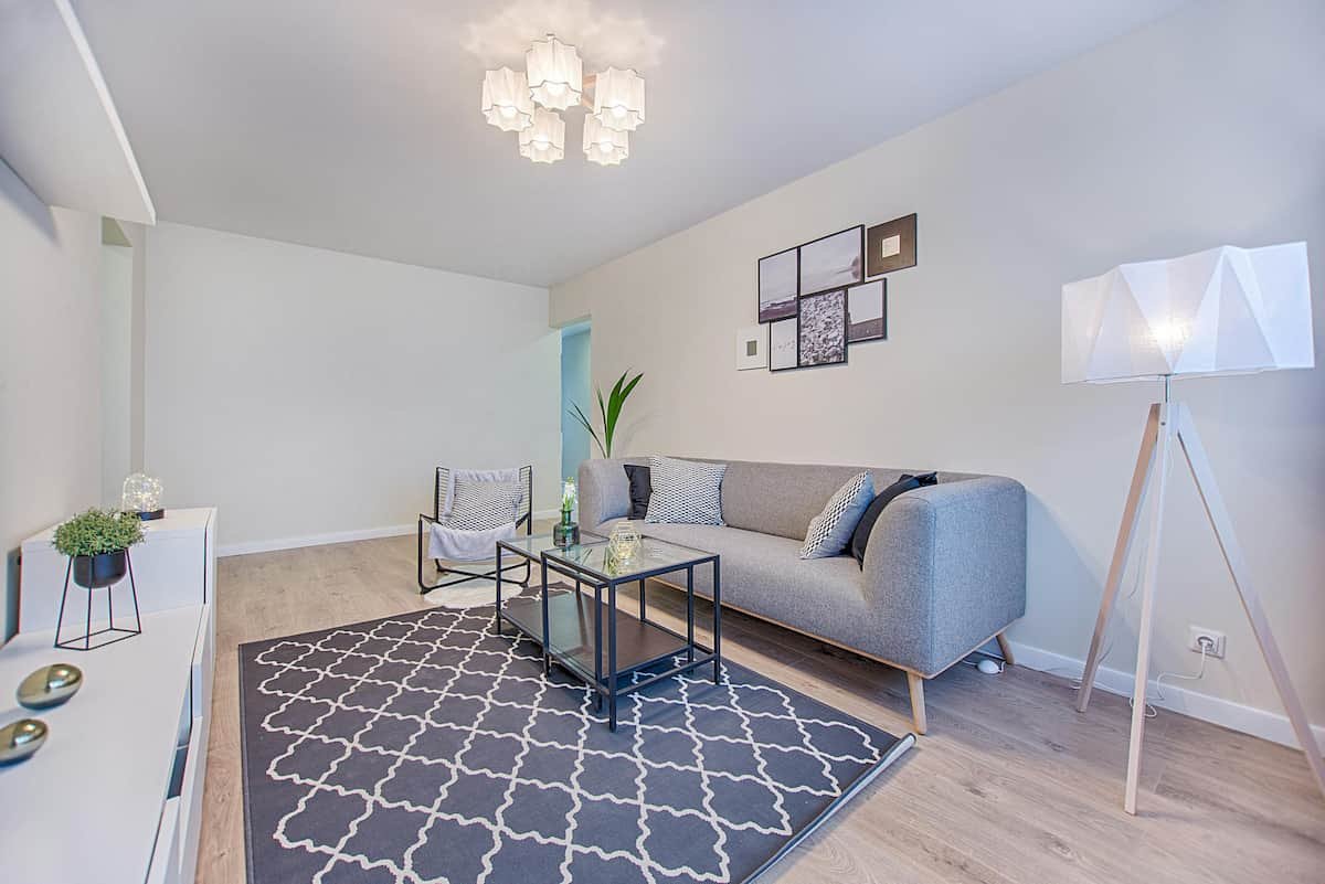 A bright and modern living room with a grey sofa, stylish décor, and a clean, well-organised space.